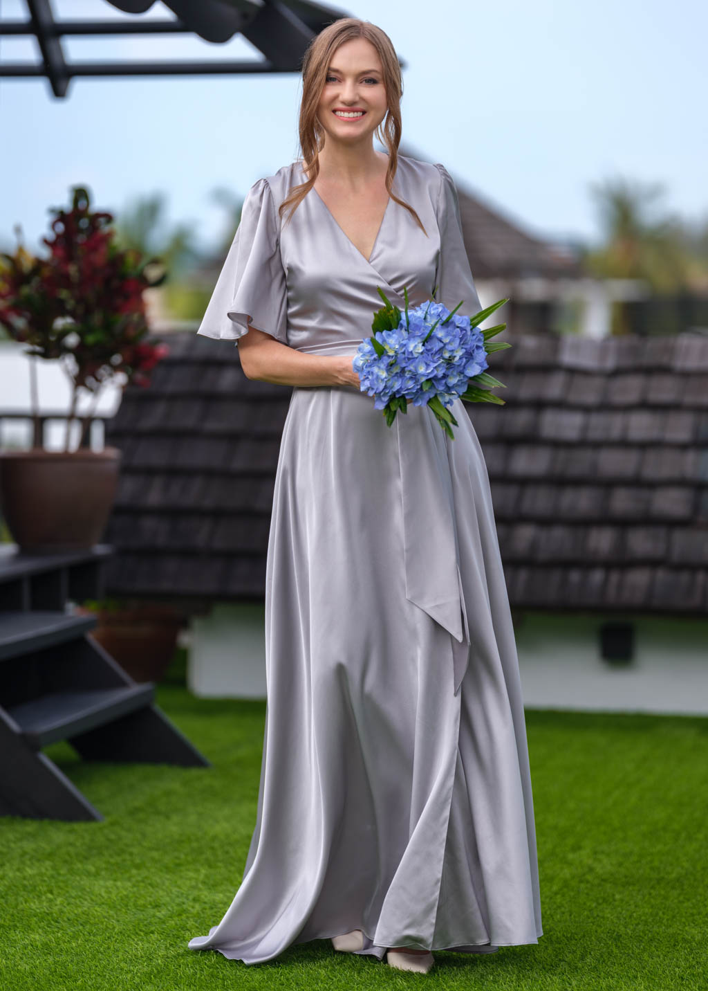 Silver grey wrap long silk dress