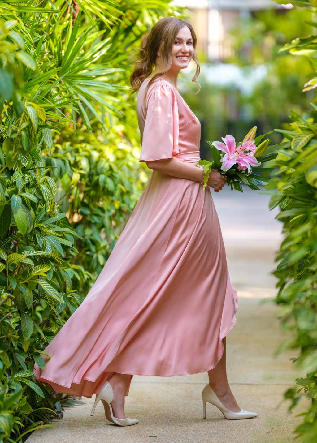 Blush pink silk long wrap dress
