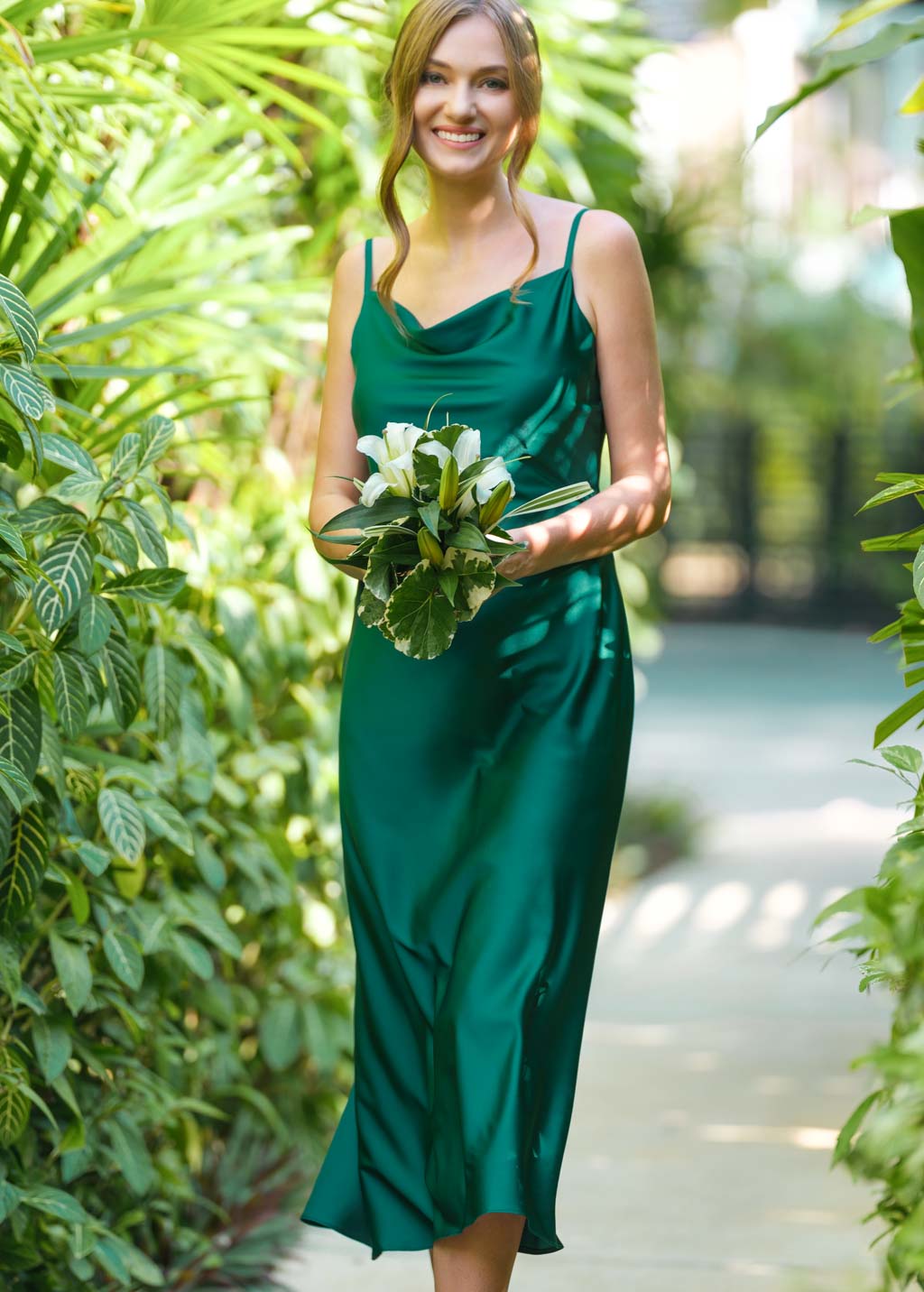Emerald green slip silk dress