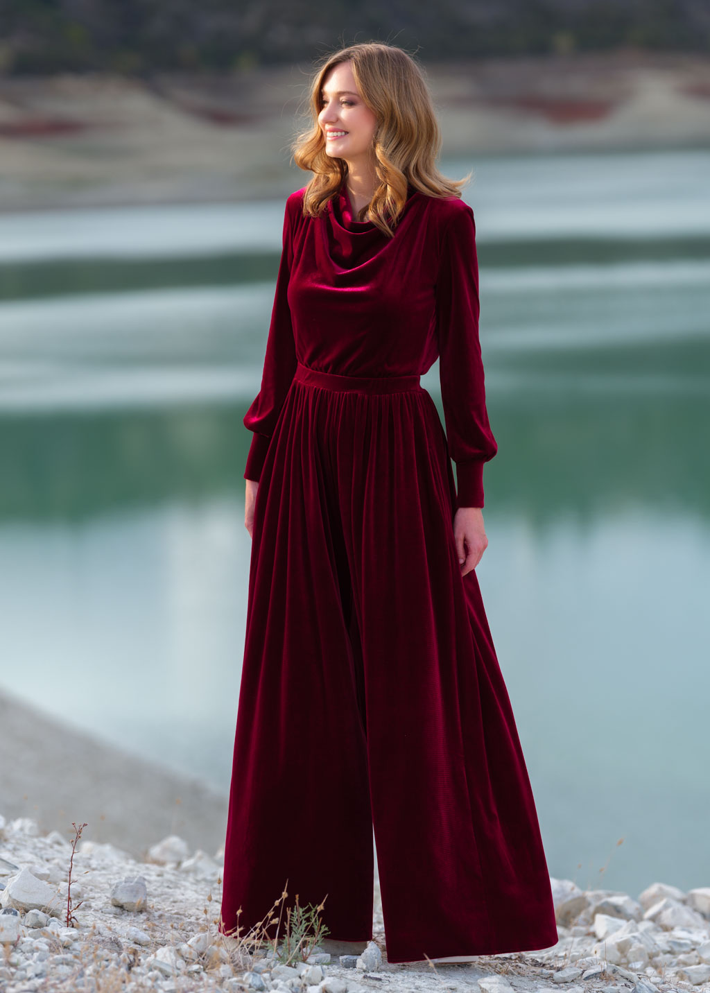 Burgundy velvet jumpsuit