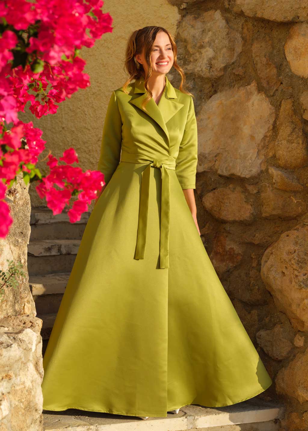 Olive wrap satin dress dress