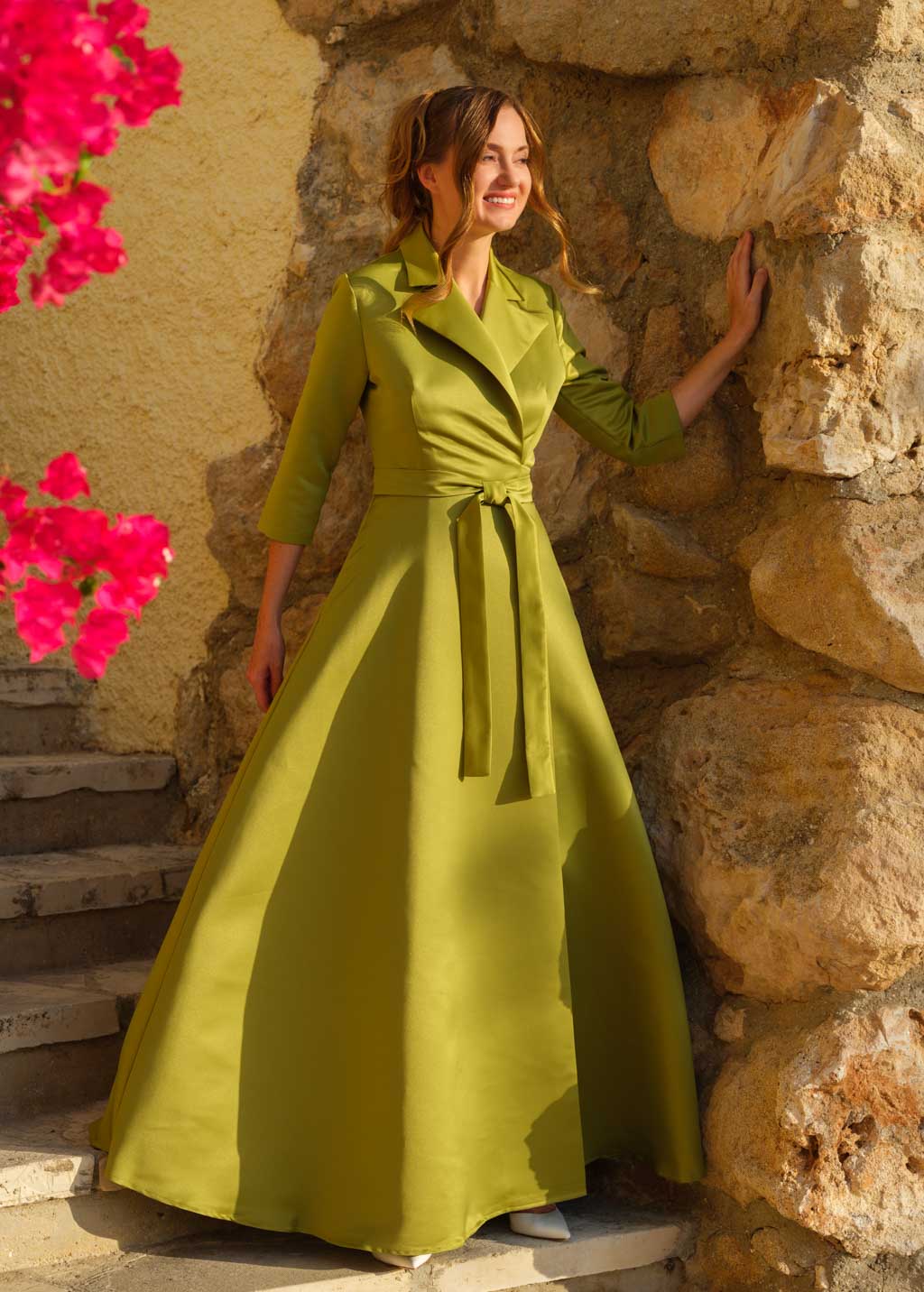 Olive wrap satin dress dress