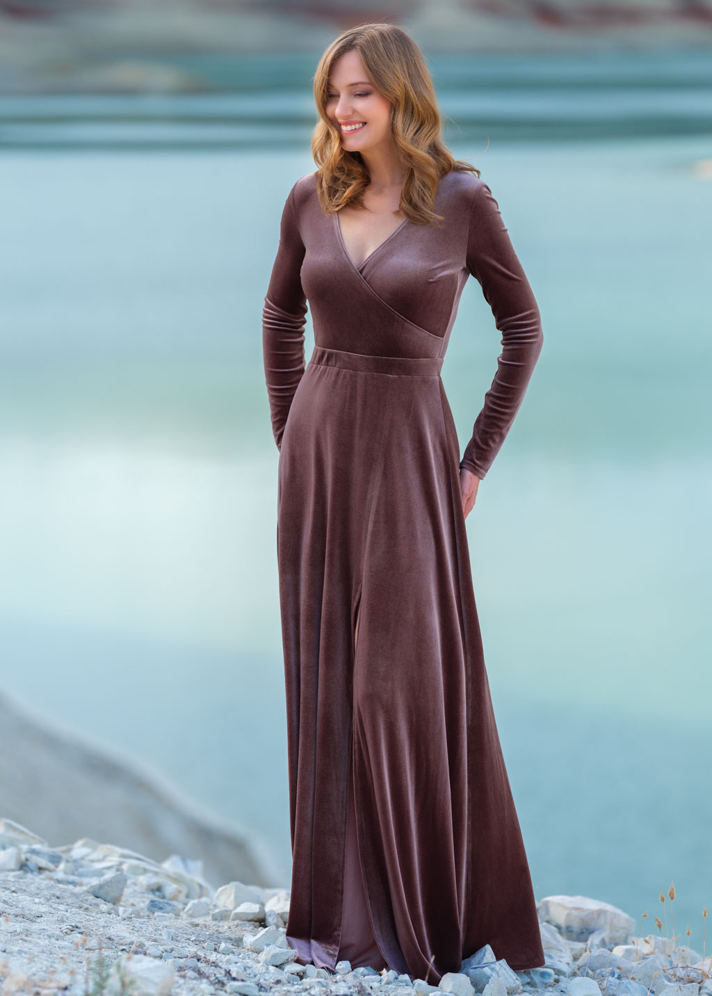 Taupe velvet slit wrap dress