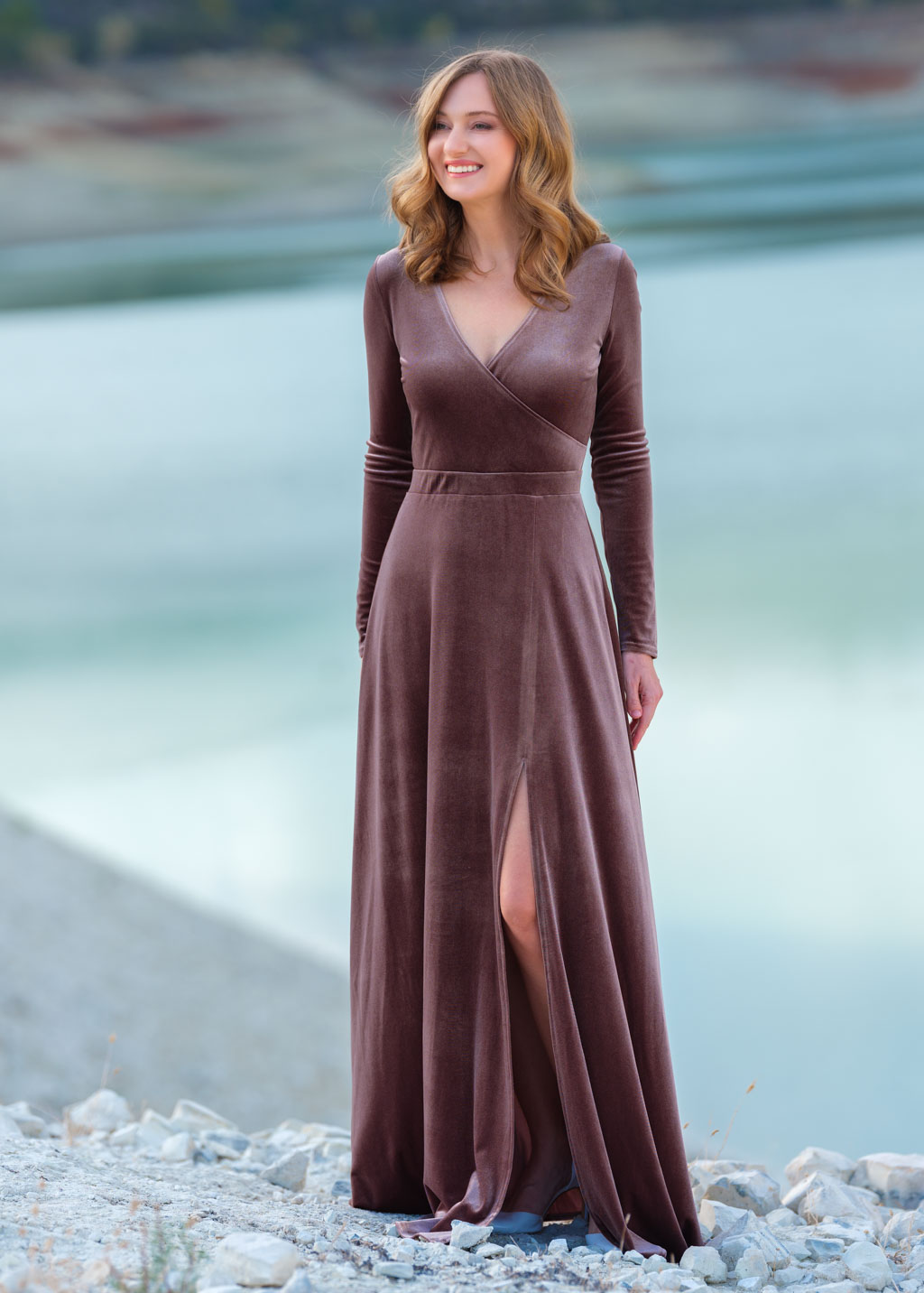 Taupe velvet slit wrap dress