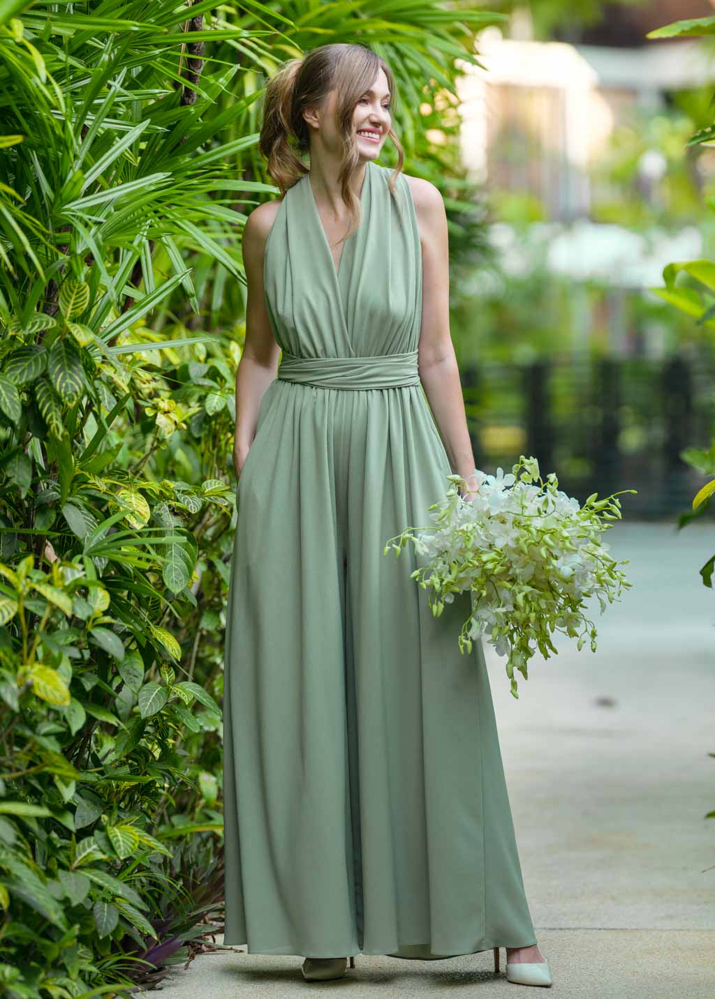 Sage green chiffon infinity jumpsuit