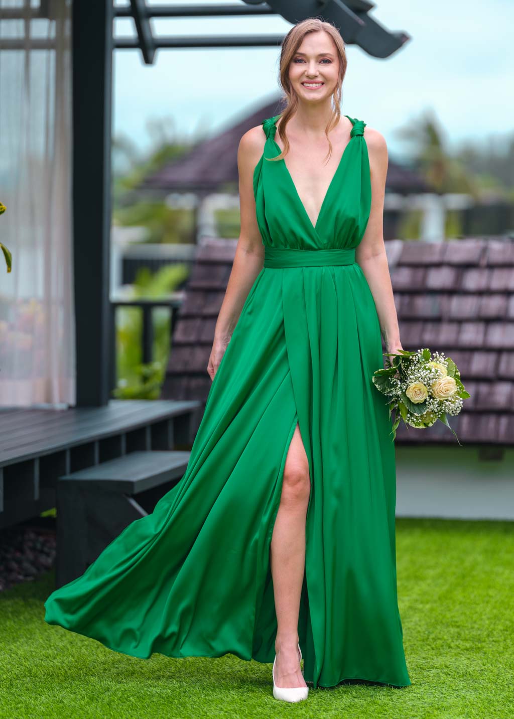 Green infinity slit long dress