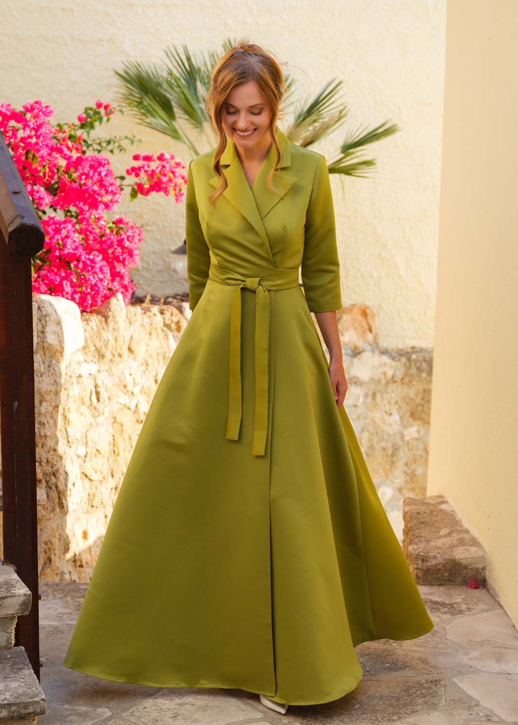 Olive wrap satin dress dress