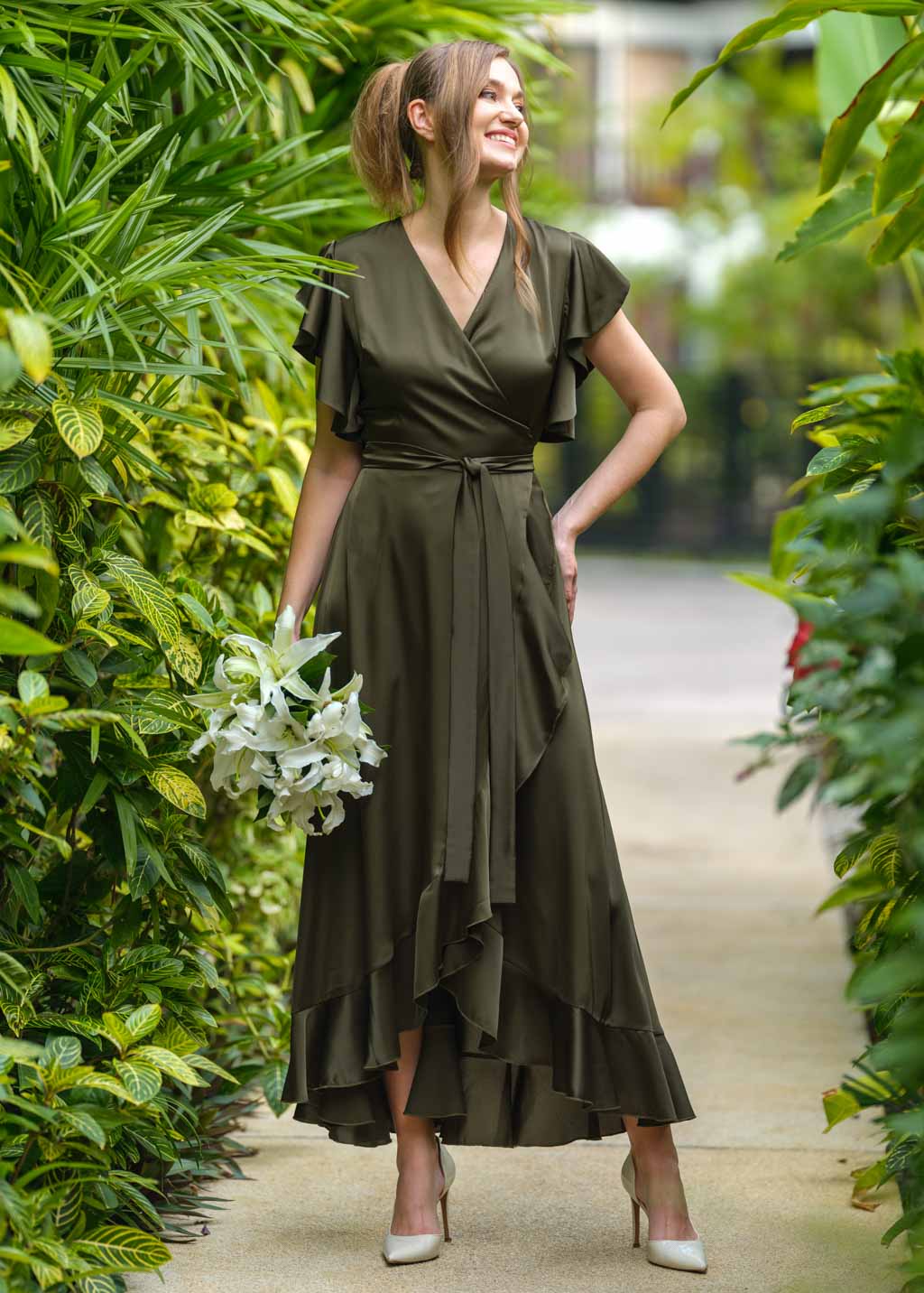 Dark olive wrap dress