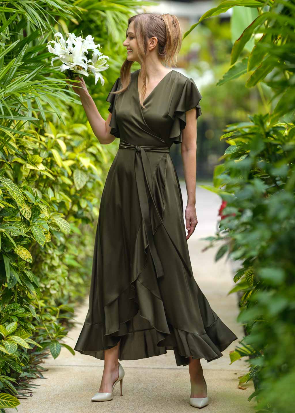 Dark olive wrap dress