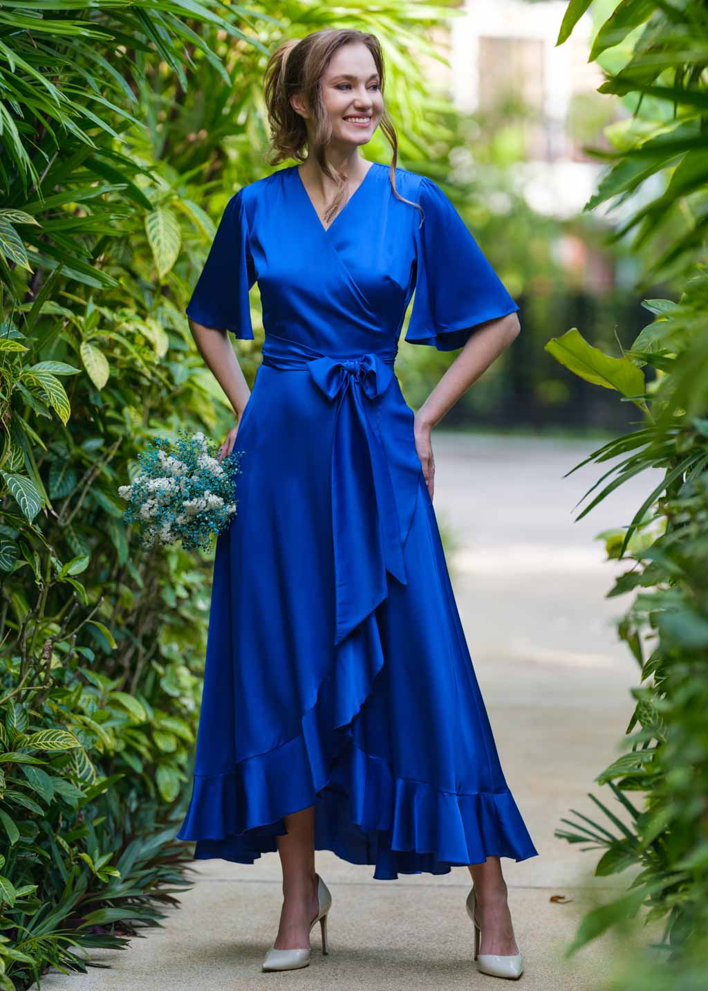 Royal blue wrap silk dress