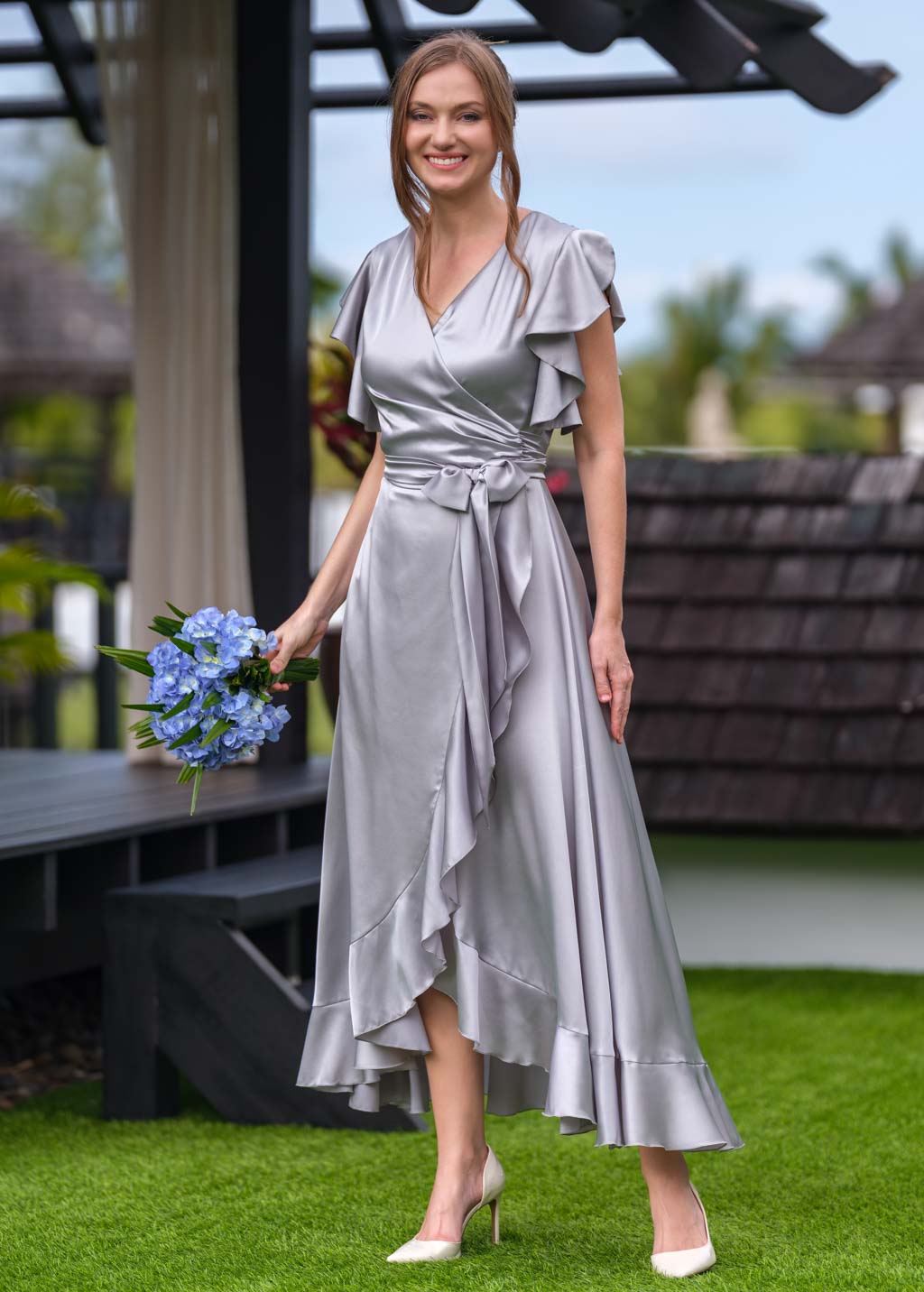 Silver Grey wrap silk dress