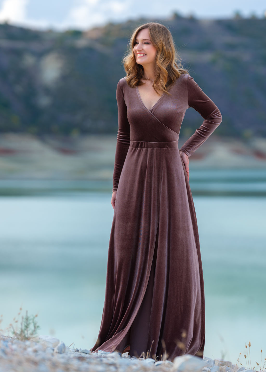 Taupe velvet slit wrap dress