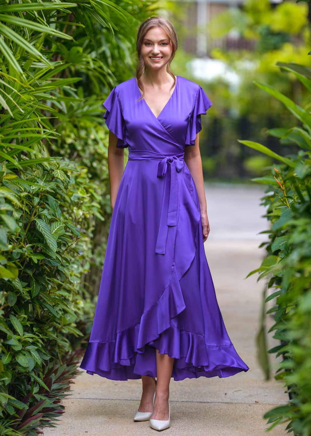 Purple wrap silk dress