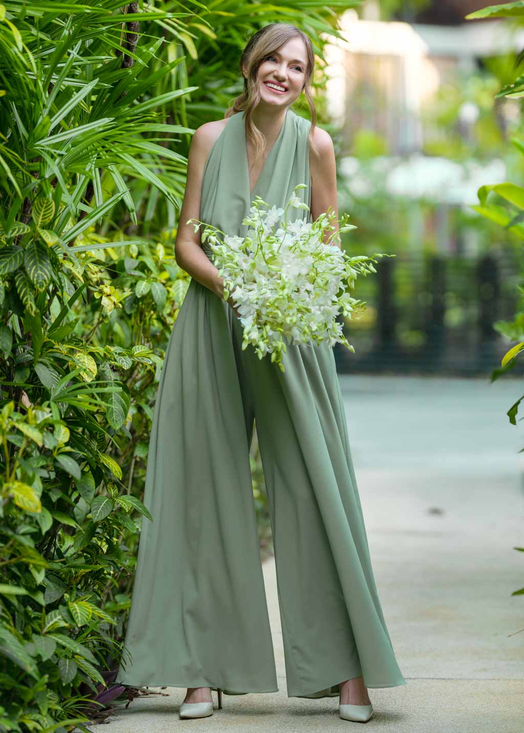 Sage green chiffon infinity jumpsuit