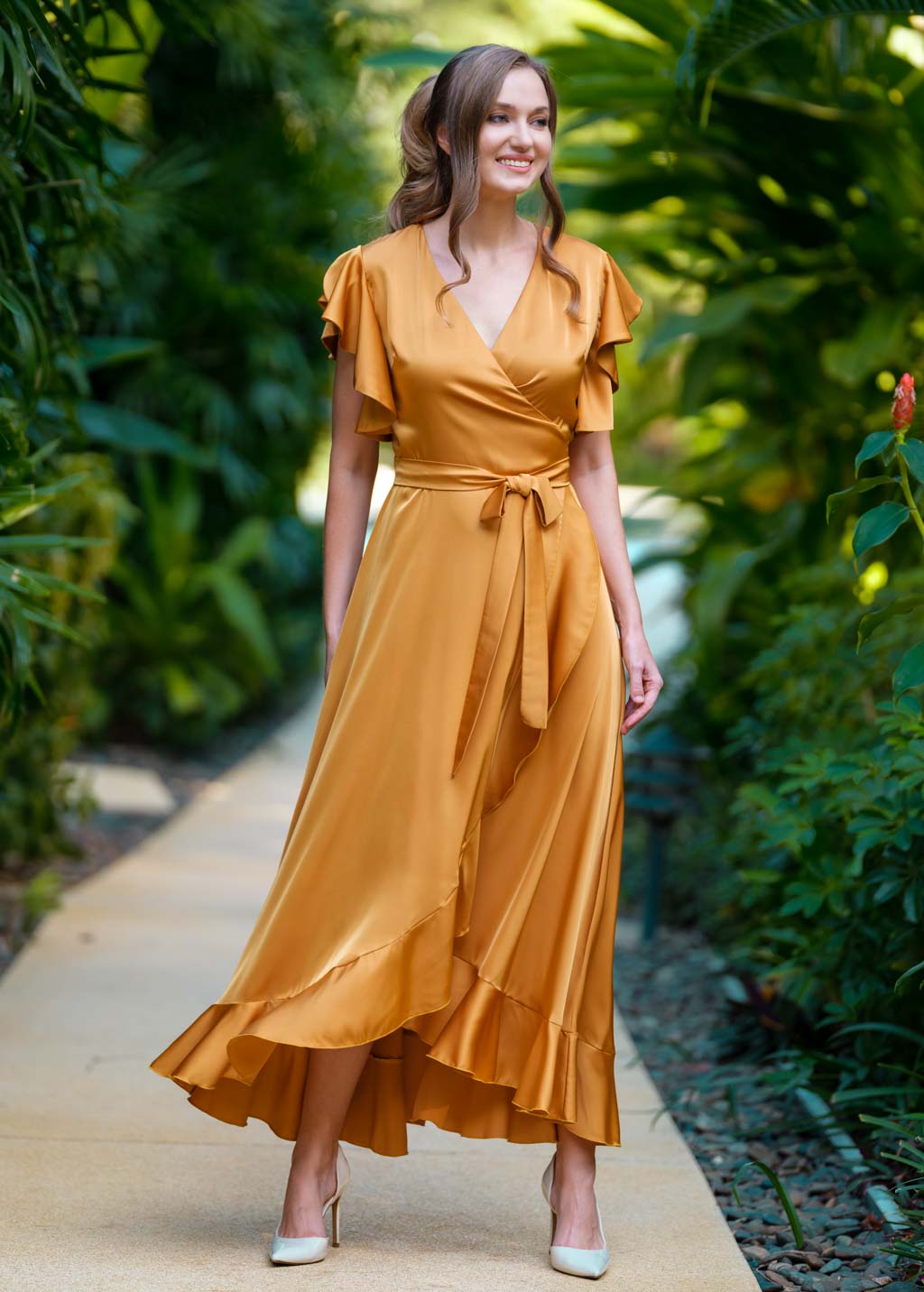 Gold wrap silk dress