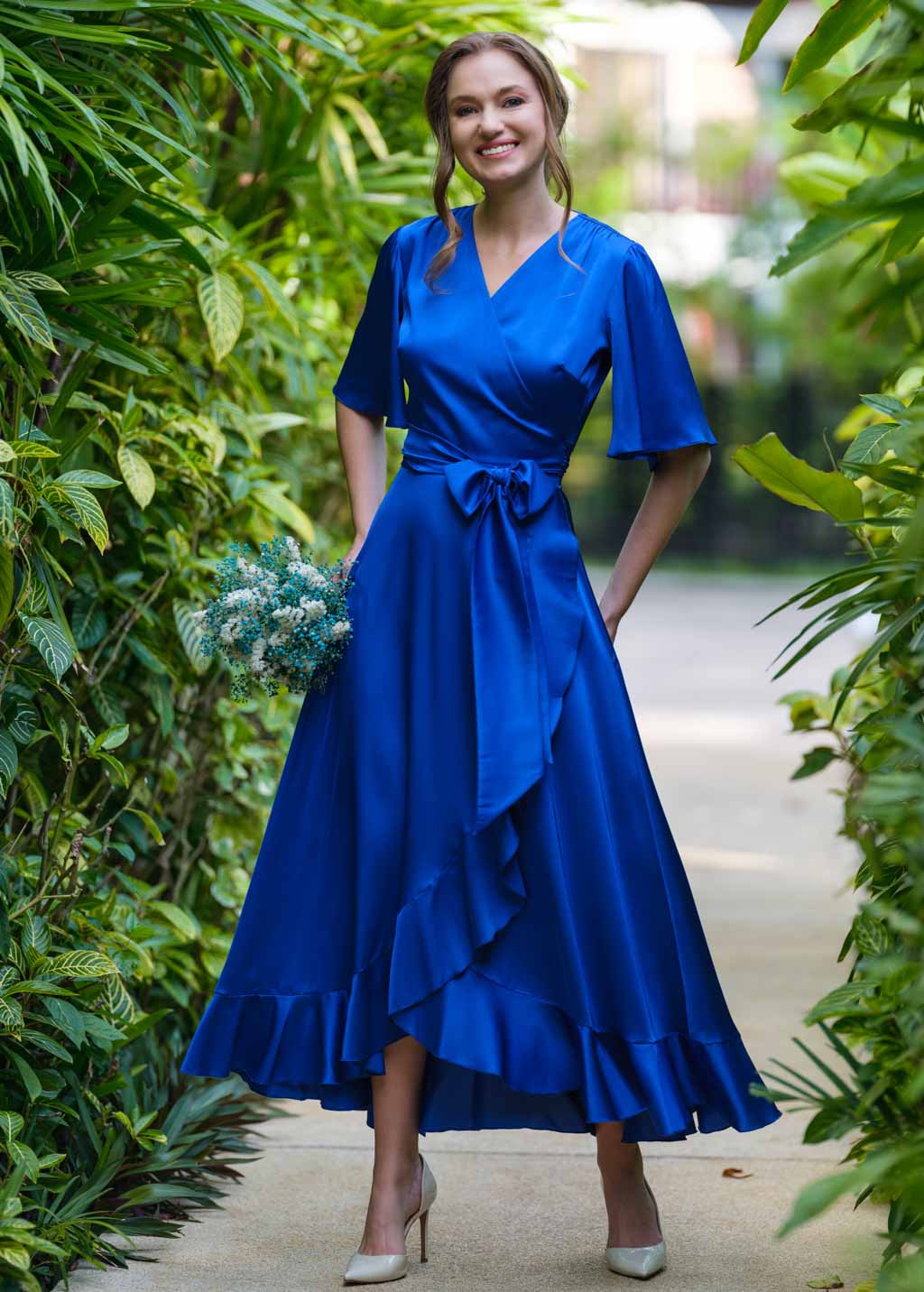 Royal blue wrap silk dress