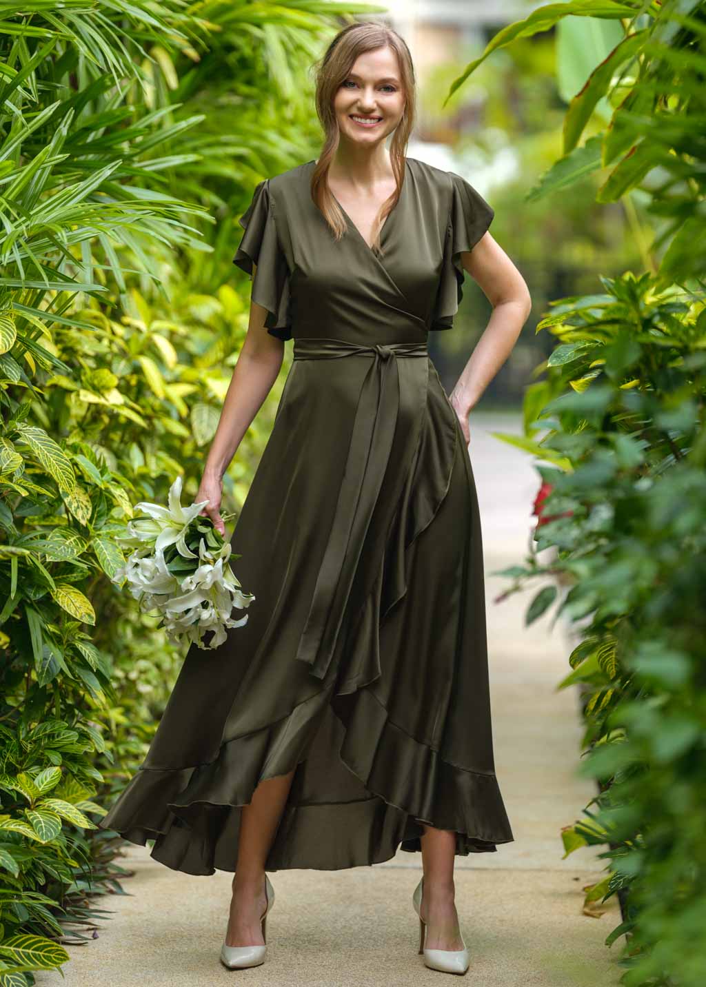 Dark olive wrap dress