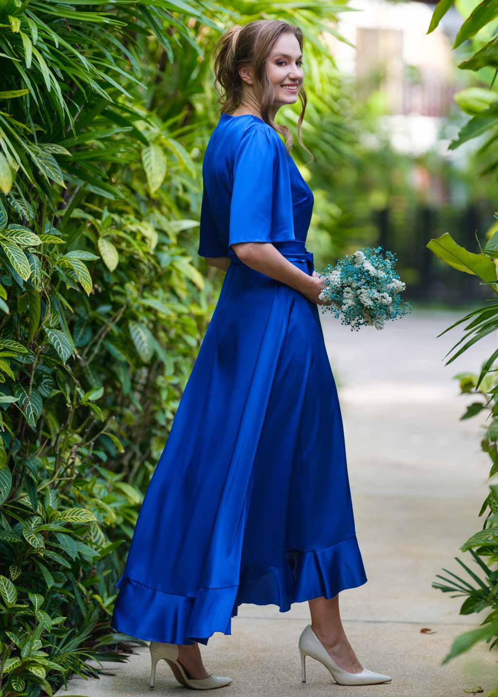 Royal blue wrap silk dress