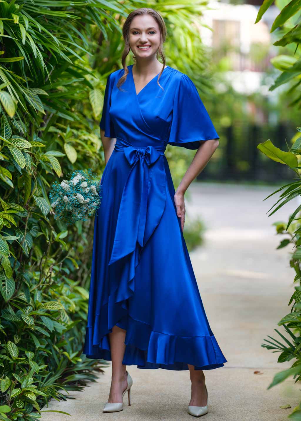 Royal blue wrap silk dress