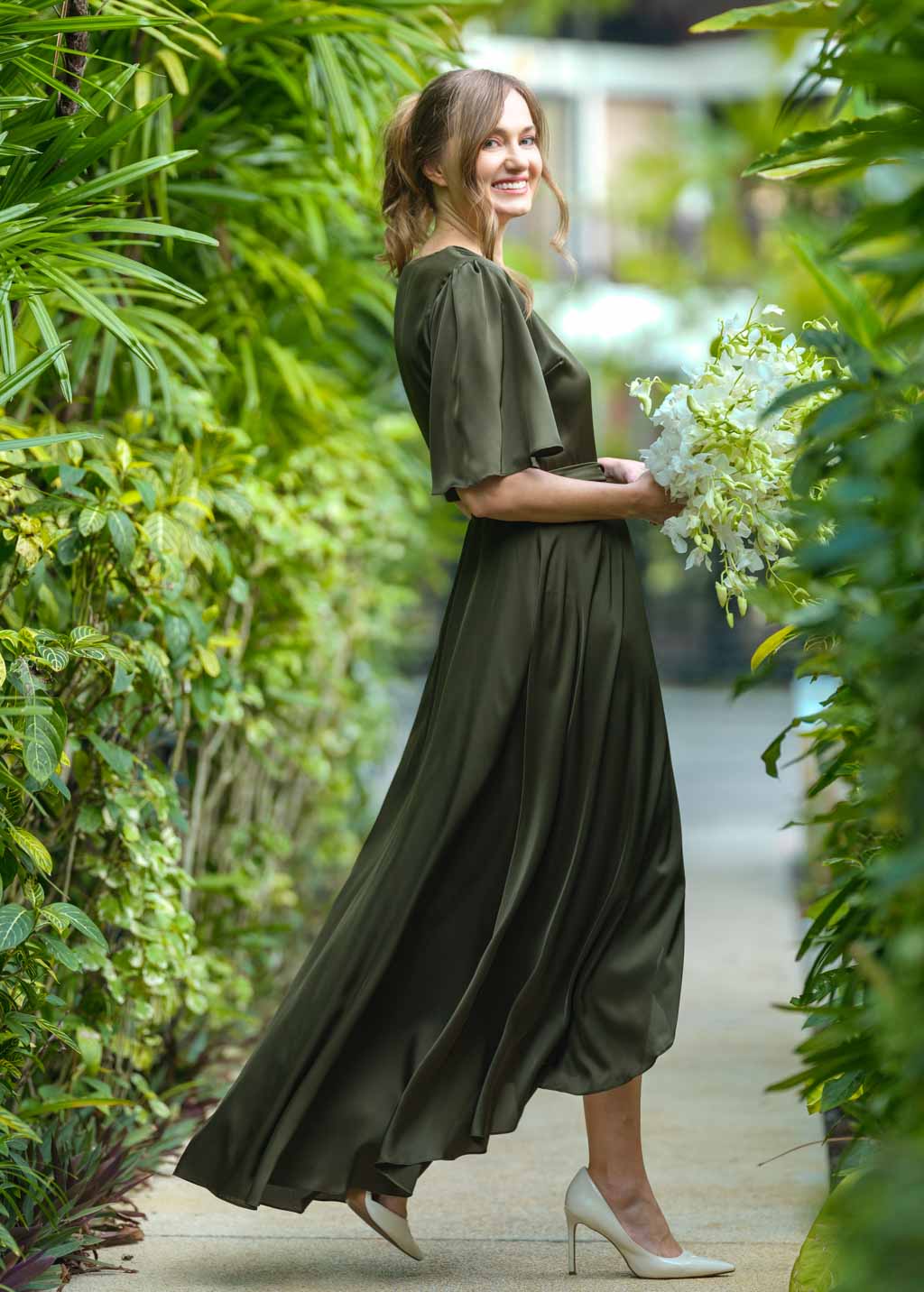 Dark olive silk long wrap dress