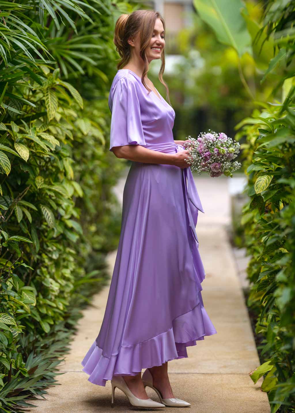 Lilac wrap silk dress