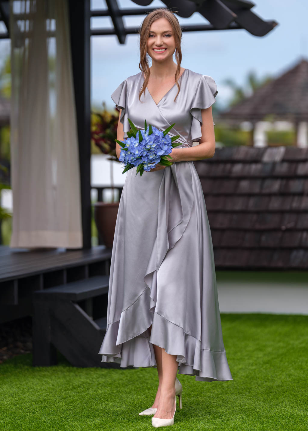 Silver Grey wrap silk dress