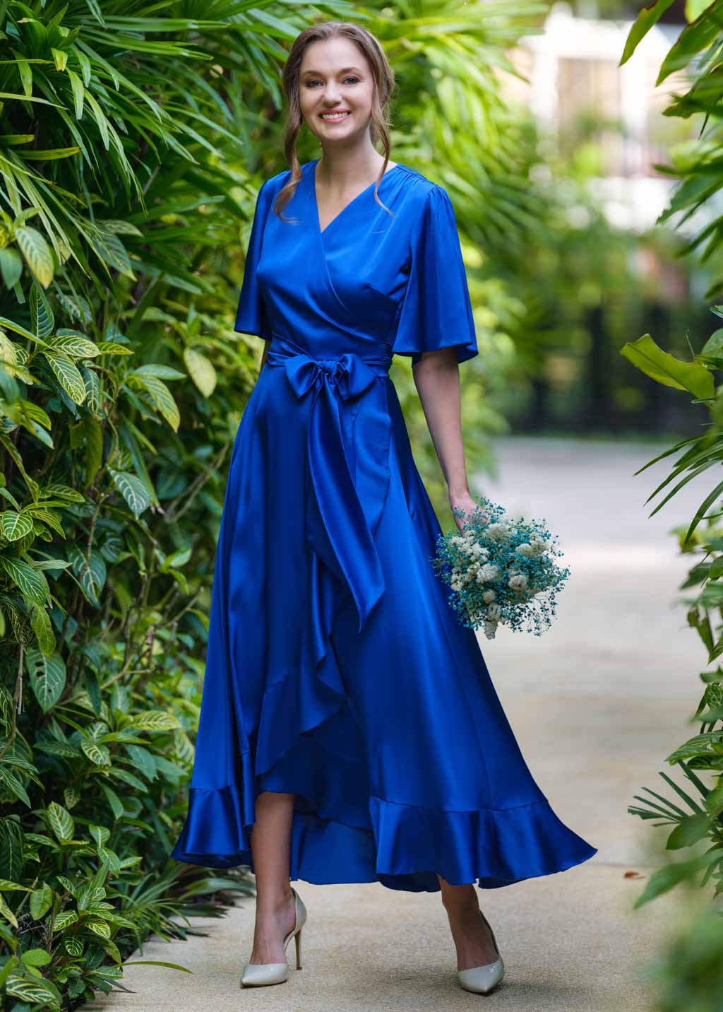 Royal blue wrap silk dress