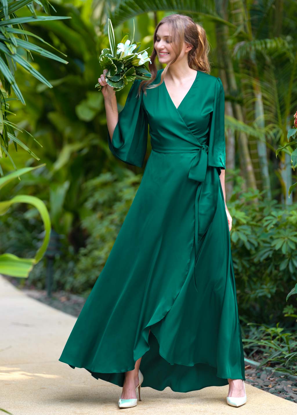 Emerald green silk long wrap dress