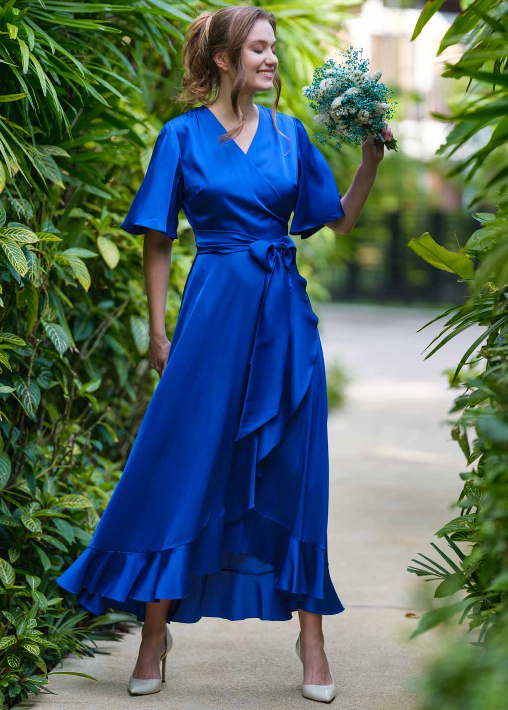 Royal blue wrap silk dress