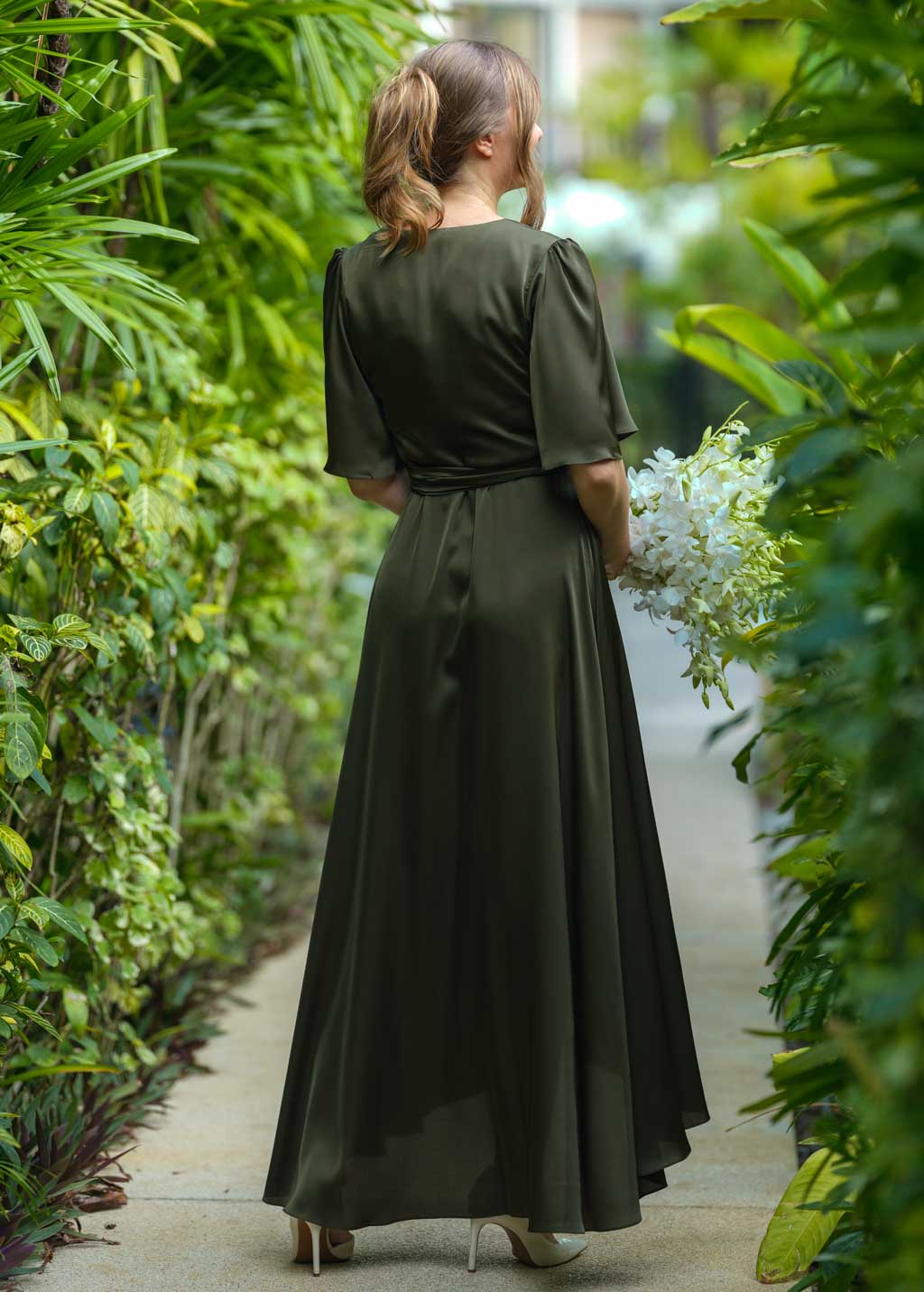 Dark olive silk long wrap dress