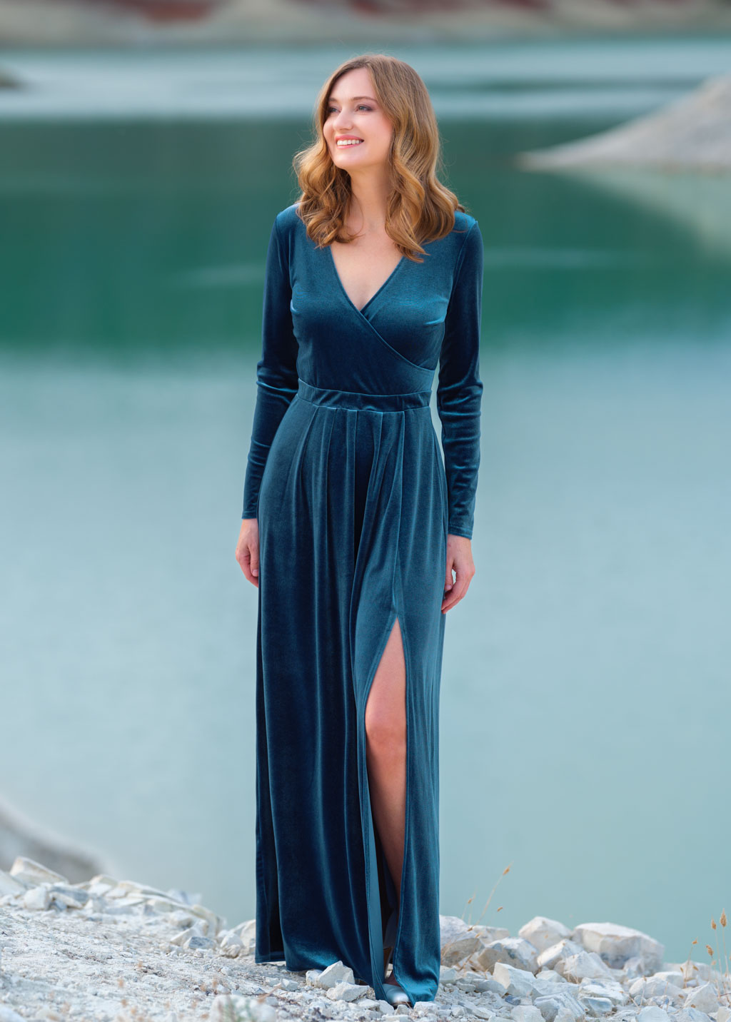 Dusty blue velvet slit dress