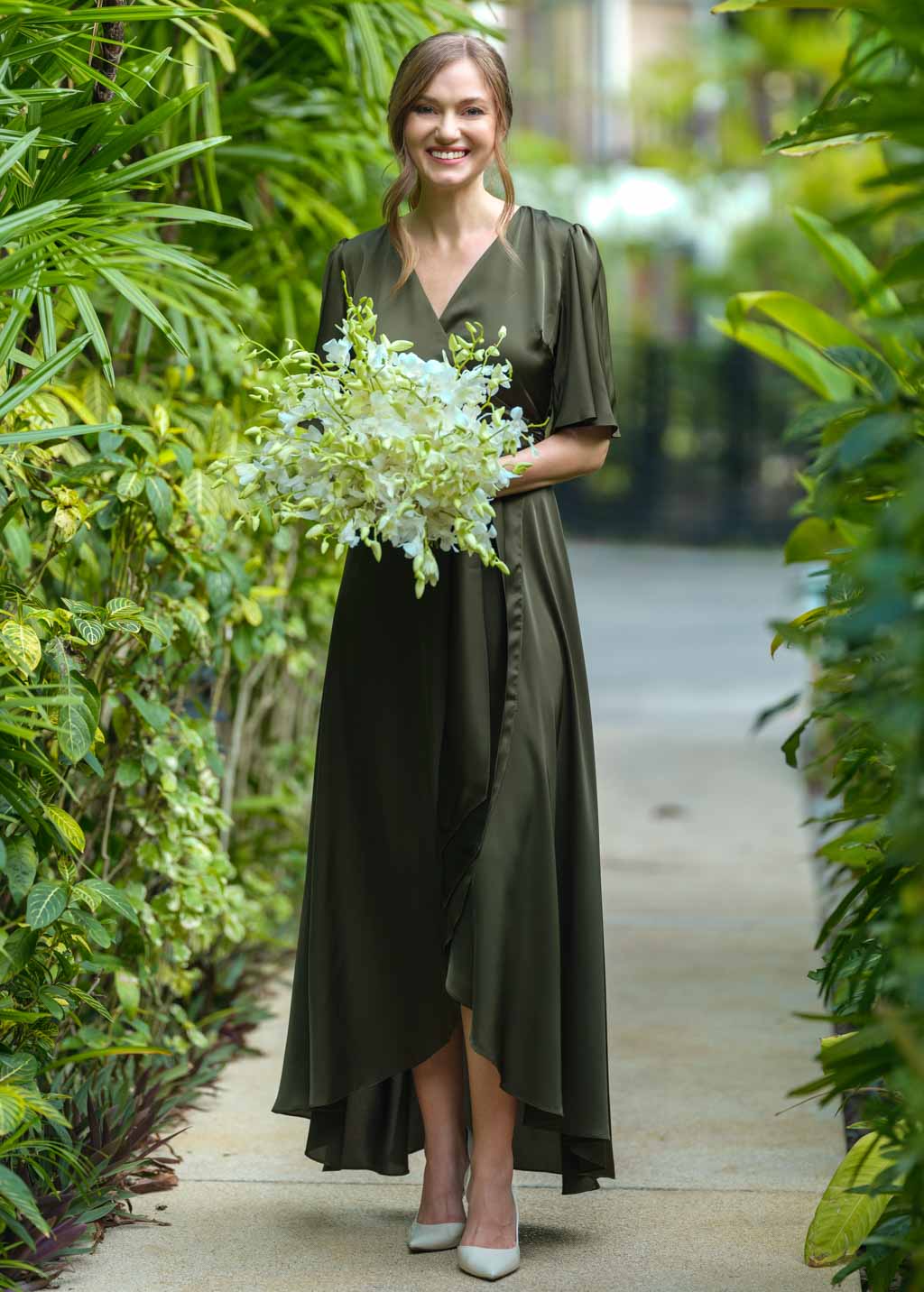 Dark olive silk long wrap dress