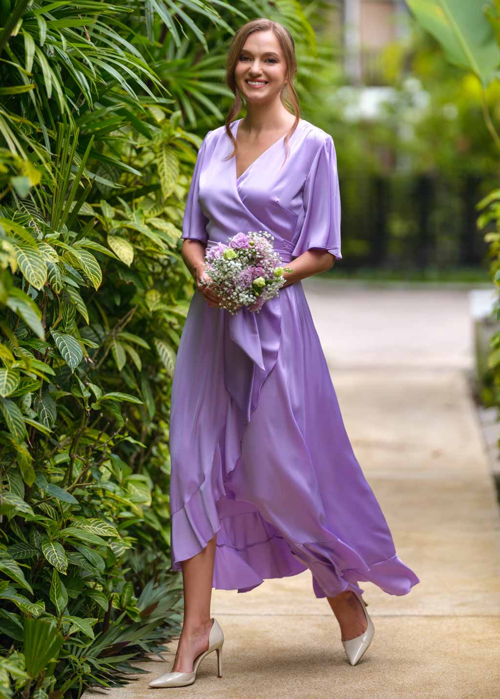 Lilac wrap silk dress