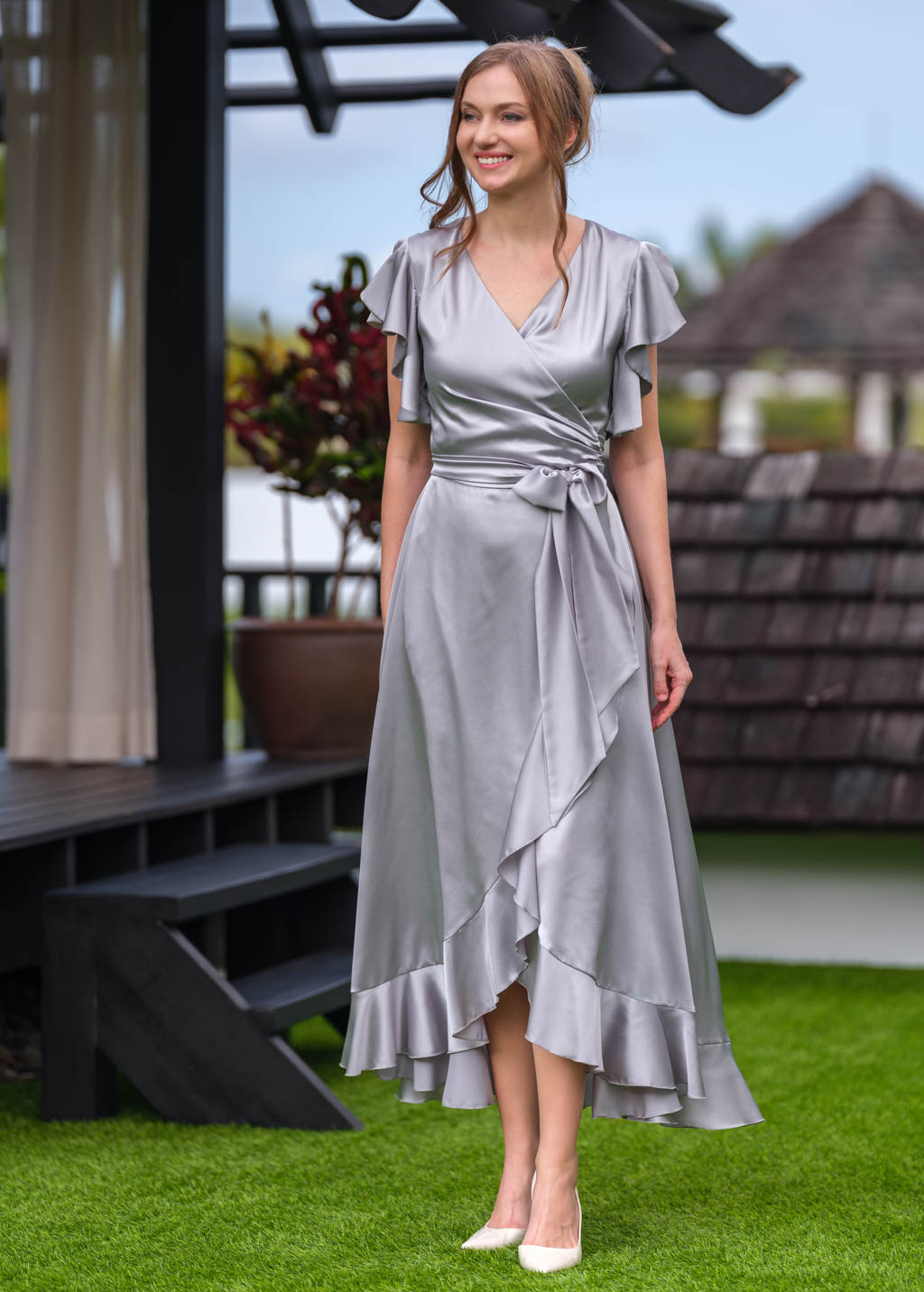 Silver Grey wrap silk dress