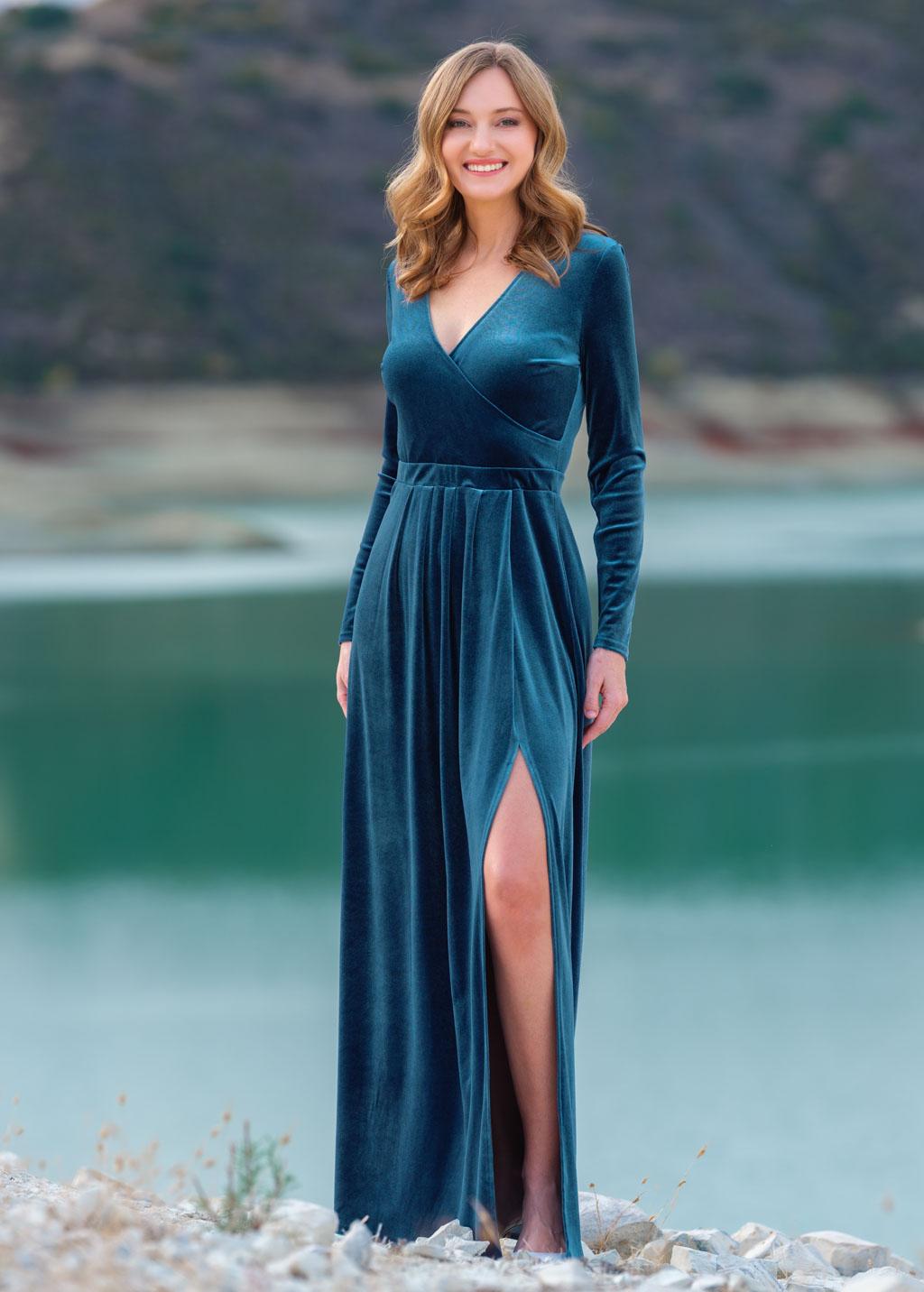 Dusty blue velvet slit dress