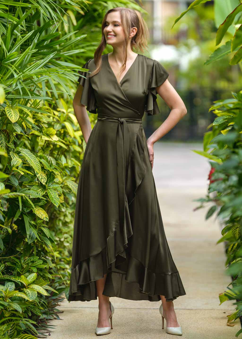 Dark olive wrap dress