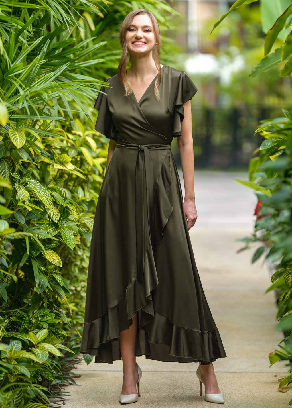 Dark olive wrap dress