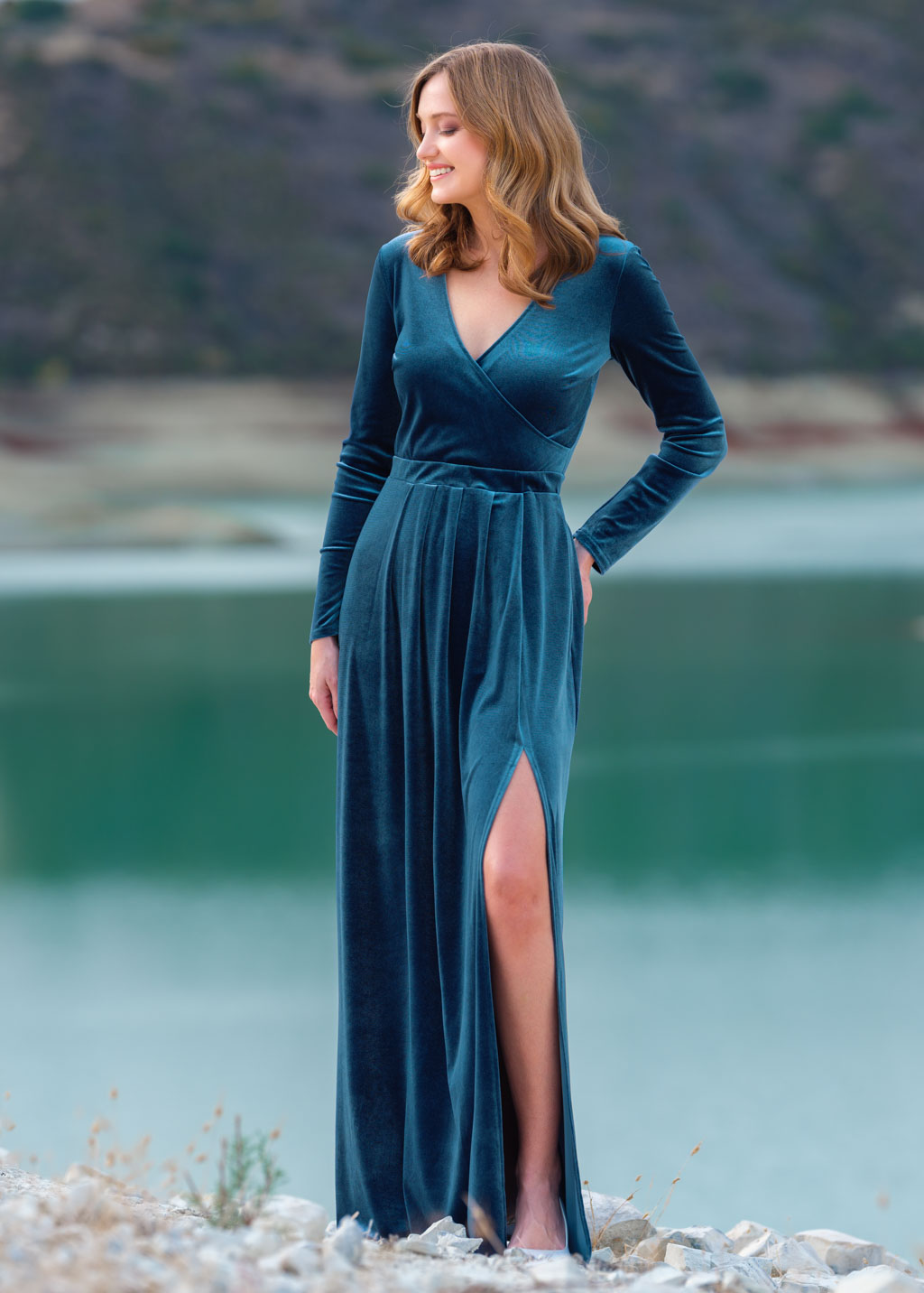 Dusty blue velvet slit dress