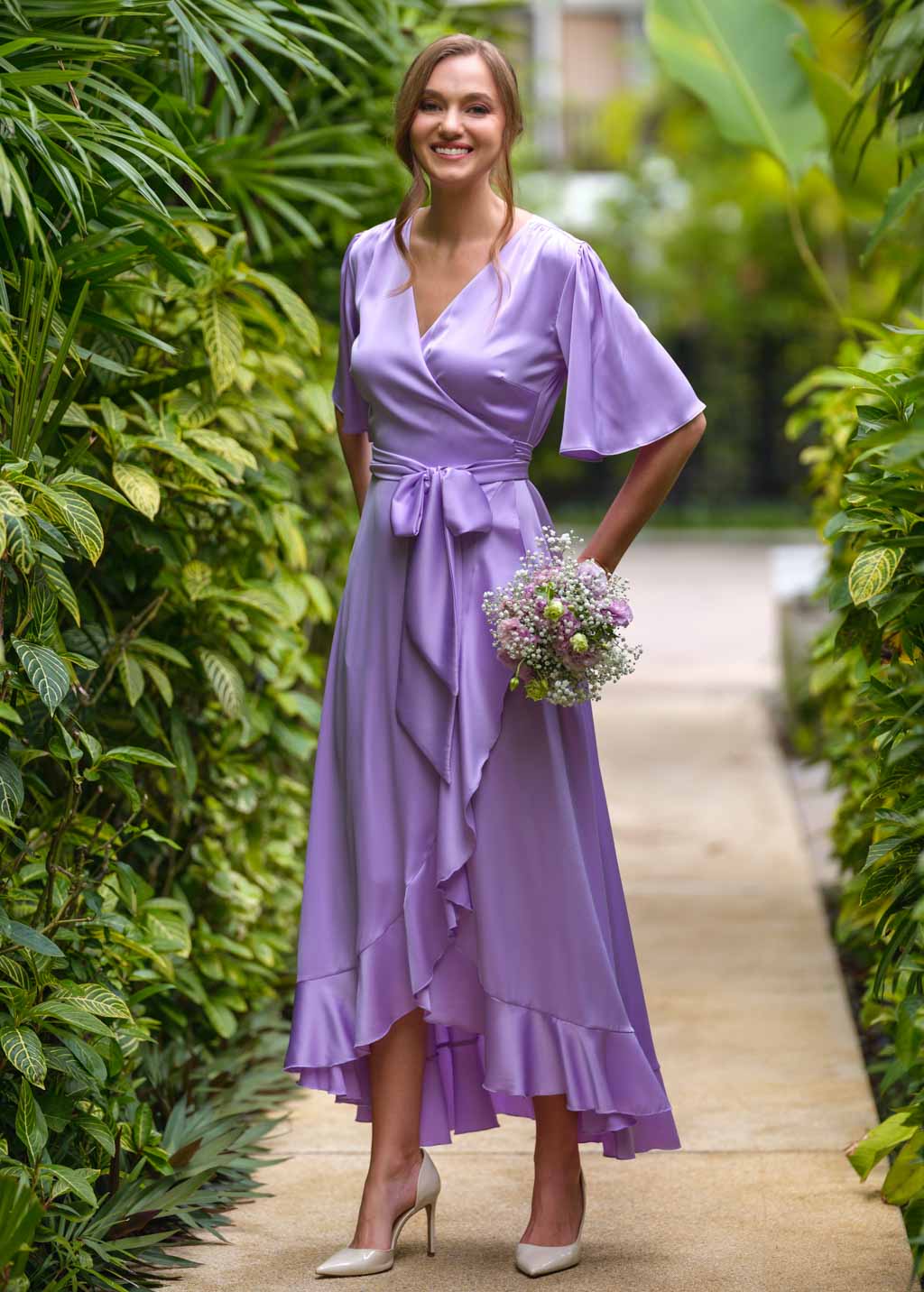 Lilac wrap silk dress