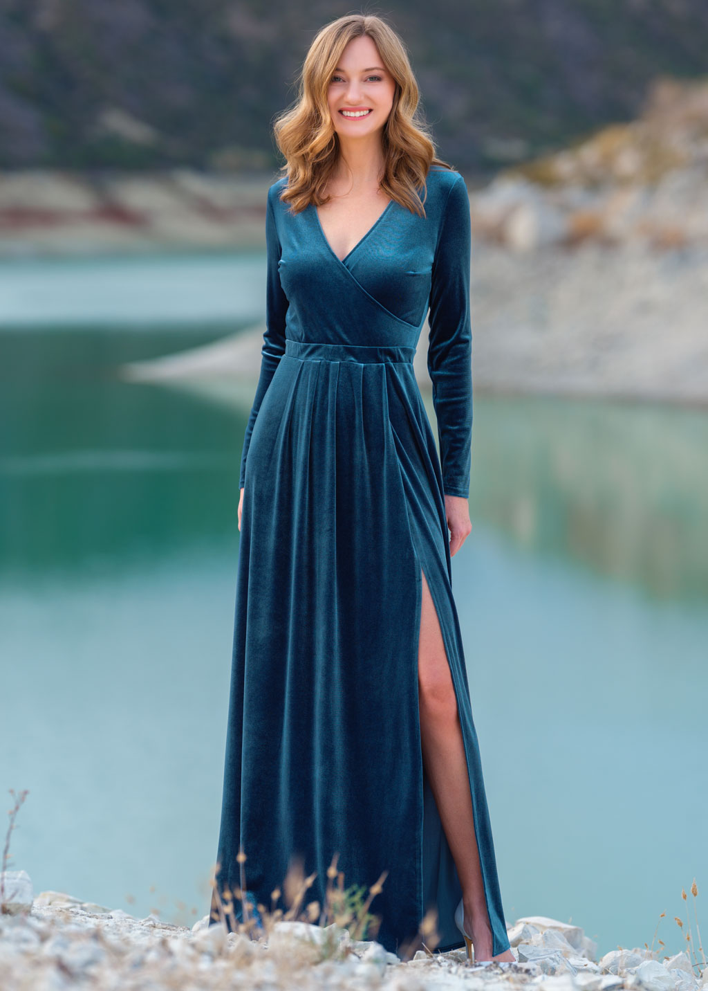 Dusty blue velvet slit dress