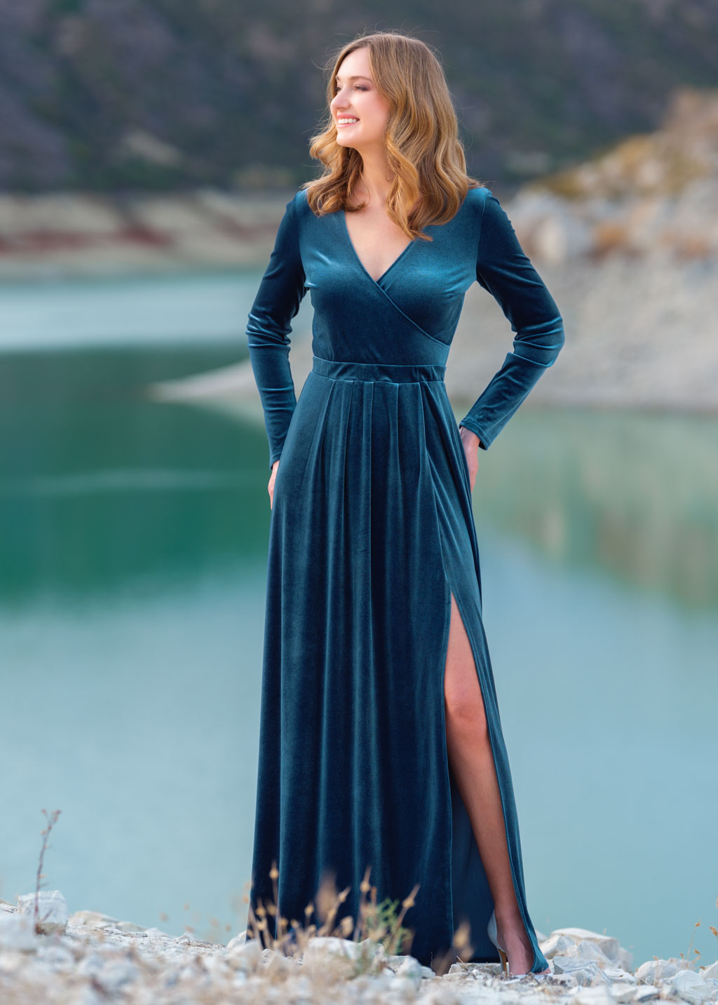 Dusty blue velvet slit dress