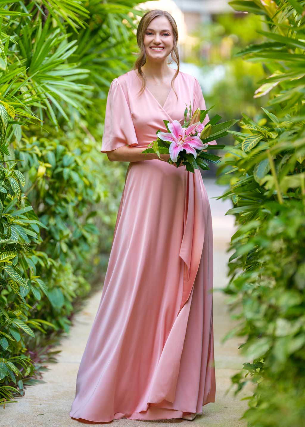 Blush pink wrap long silk dress