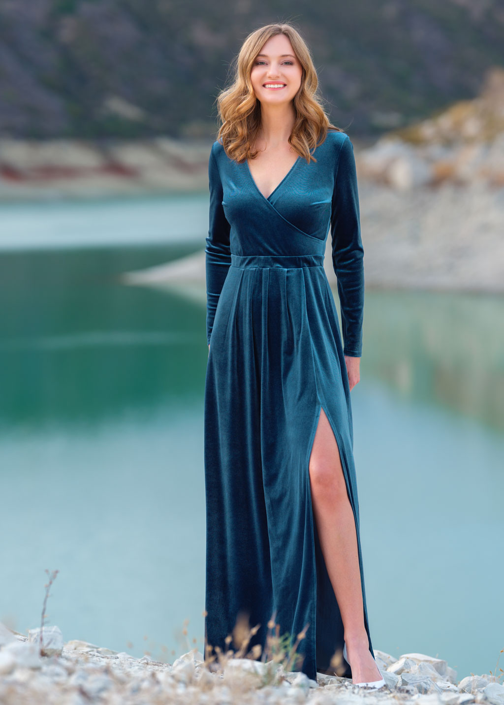 Dusty blue velvet slit dress