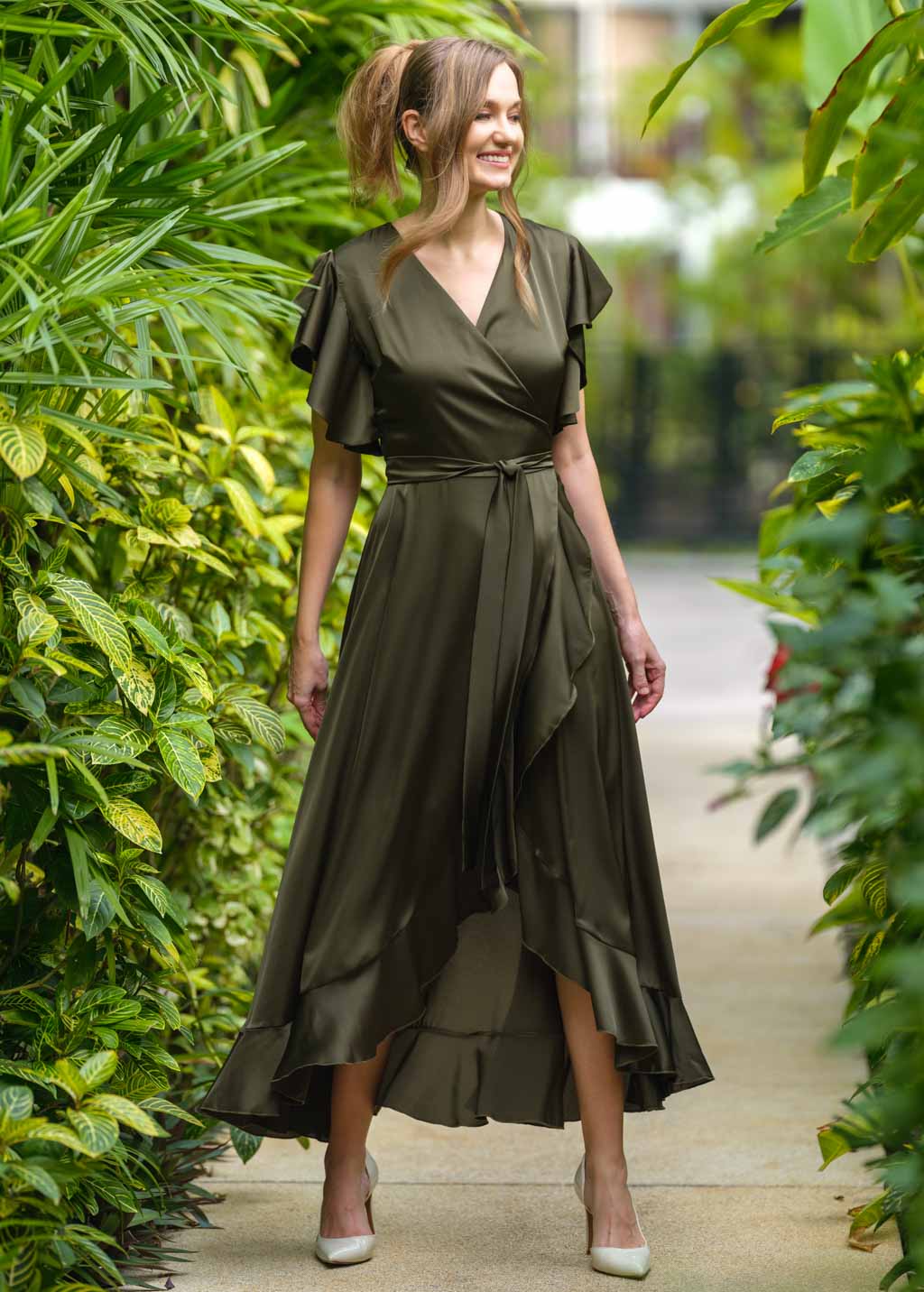 Dark olive wrap dress