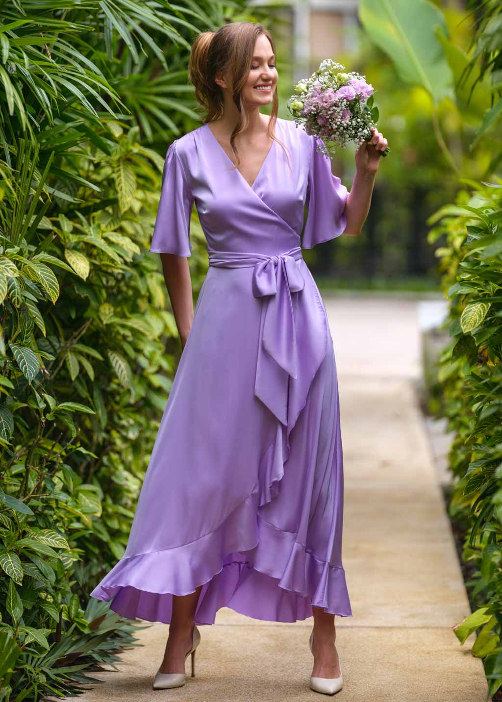 Lilac wrap silk dress