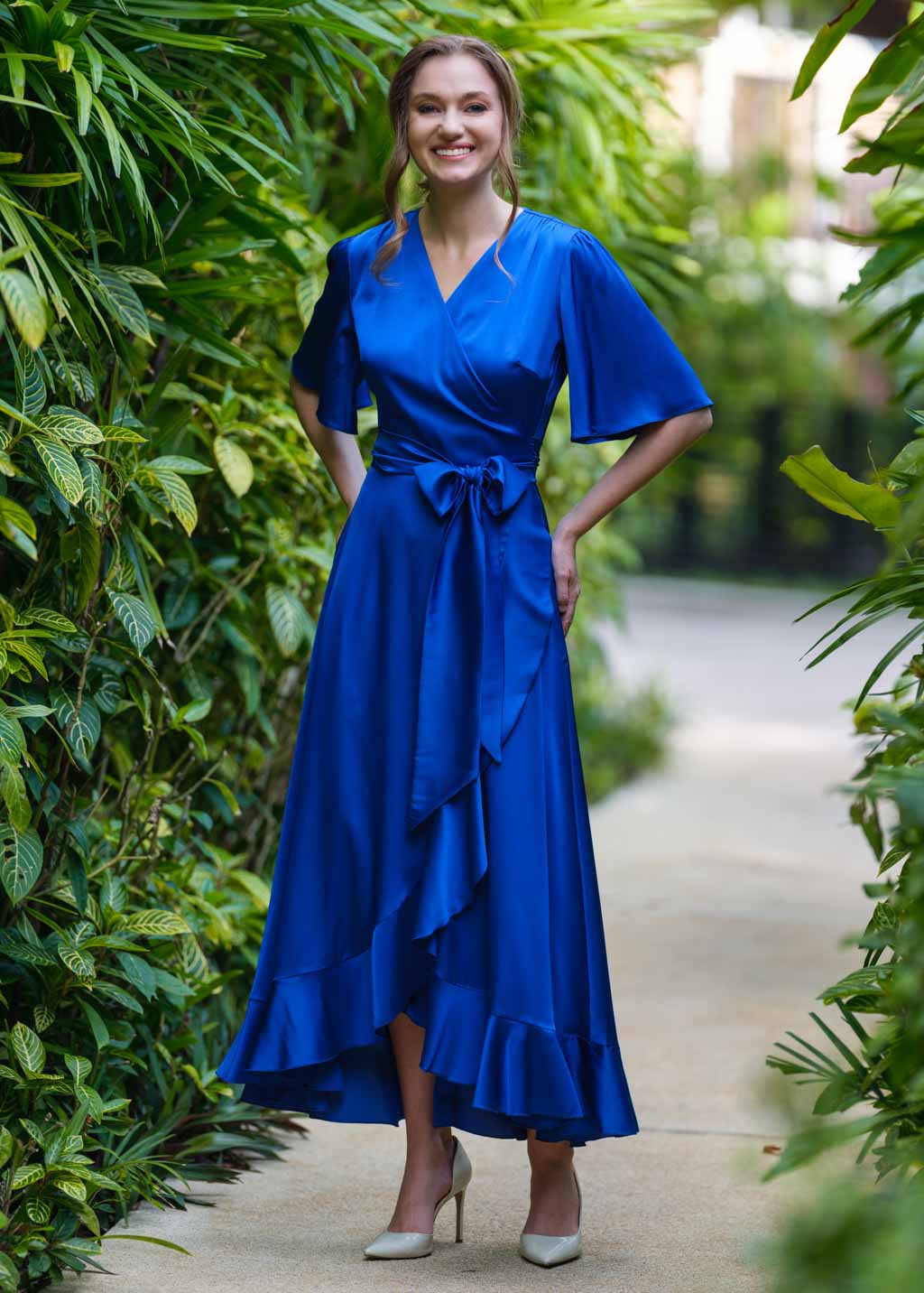 Royal blue wrap silk dress