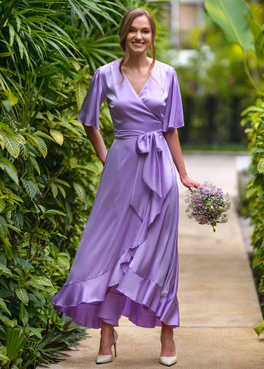 Lilac wrap silk dress