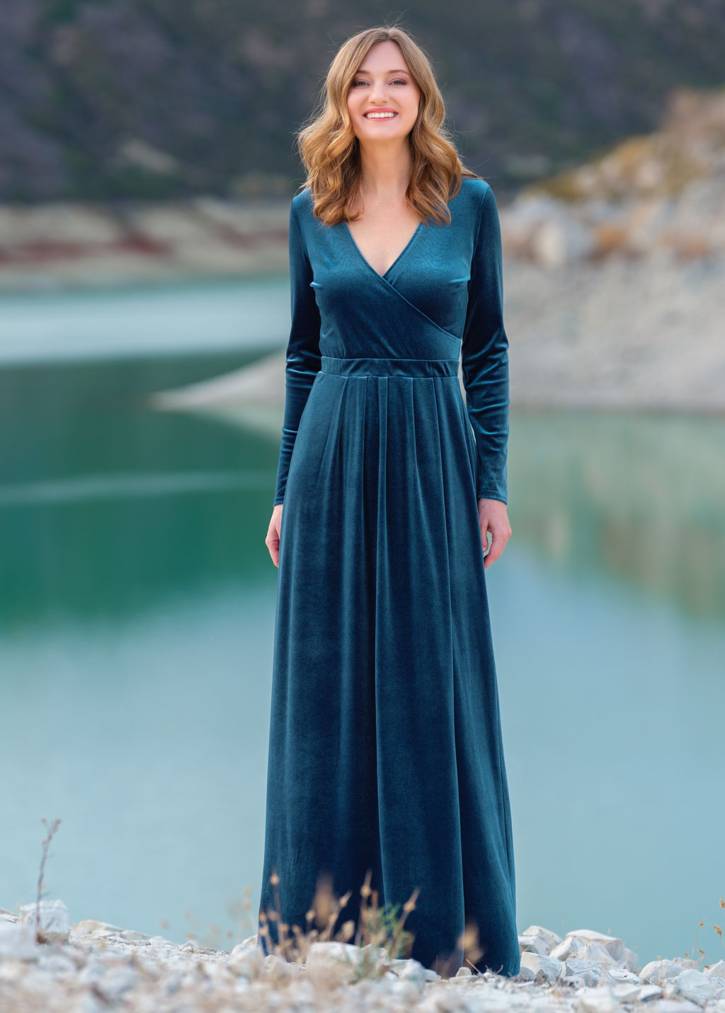 Dusty blue velvet slit dress