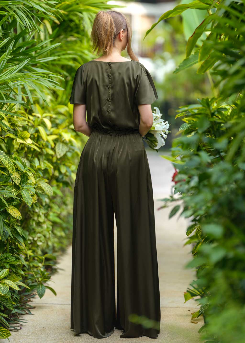 Dark olive silk jumpsuit