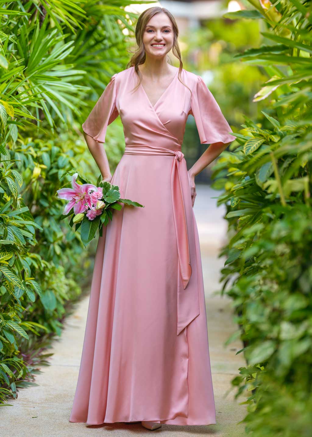 Blush pink wrap long silk dress